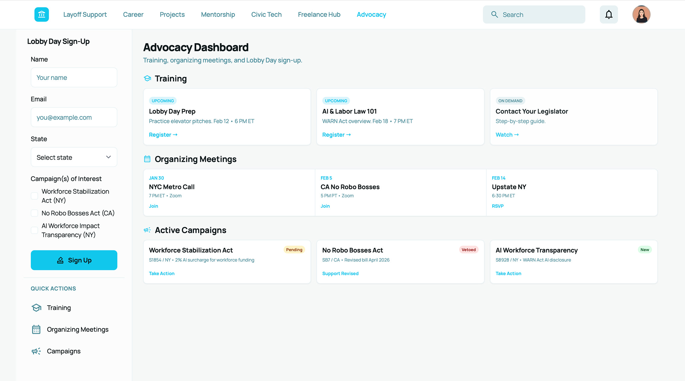 Advocacy dashboard mockup